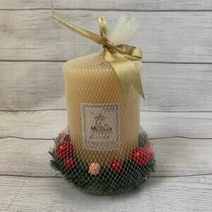 Interior Accents Cream Holiday Candle with Mini Wreath and Glass Holder 6 3/4"H